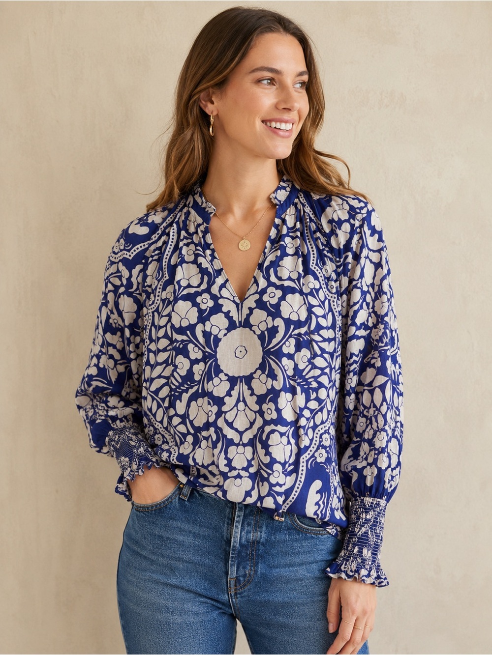 Boden blue white smocked cuff split neck blouse size US 8